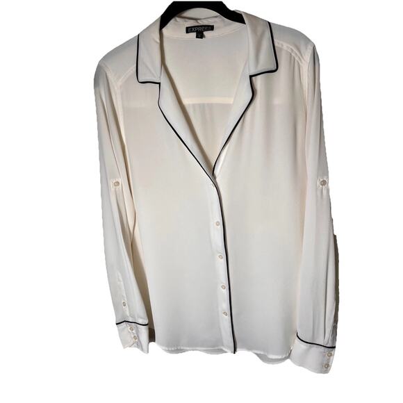 Express Women’s White‎ Button Front Blouse M Black Trim Pajama Style Blouse - Picture 1 of 7